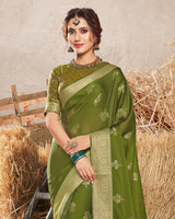 Vishal Prints Mehandi Green Chiffon Saree With Foil Print And Jari Border