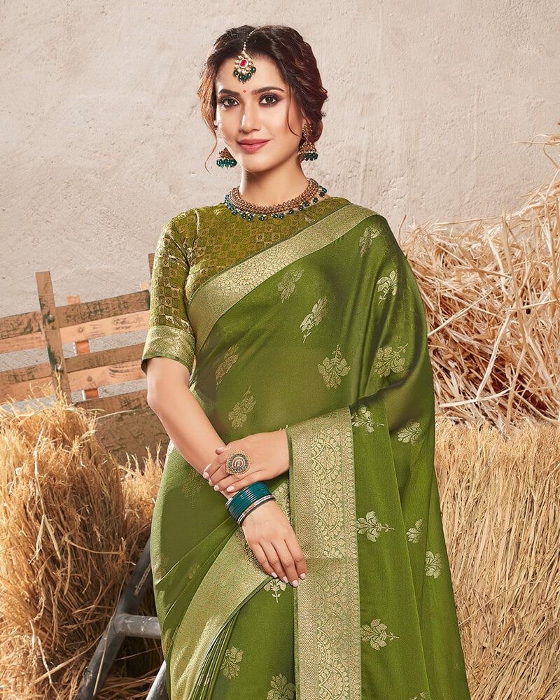 Vishal Prints Mehandi Green Chiffon Saree With Foil Print And Jari Border