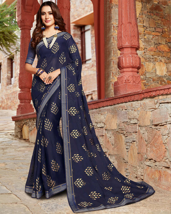 Vishal Prints Navy Blue Brasso Saree With Foil Print And Jari Border