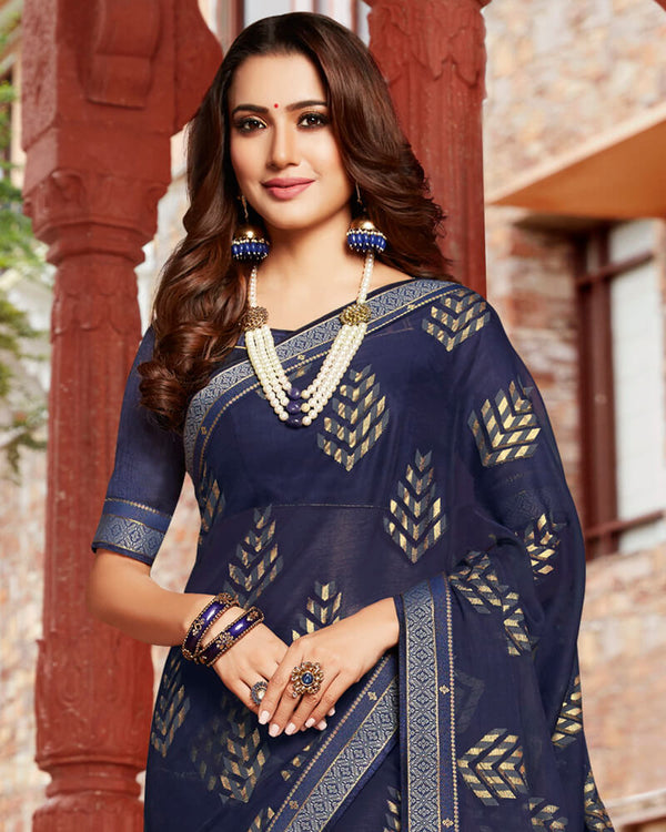 Vishal Prints Navy Blue Brasso Saree With Foil Print And Jari Border