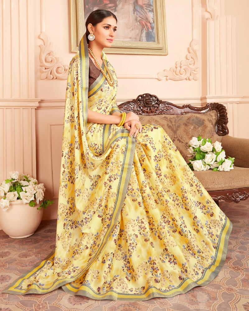 Vishal Prints Light Yellow Printed Crepe Saree With Jari Border