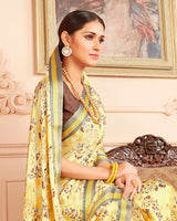 Vishal Prints Light Yellow Printed Crepe Saree With Jari Border