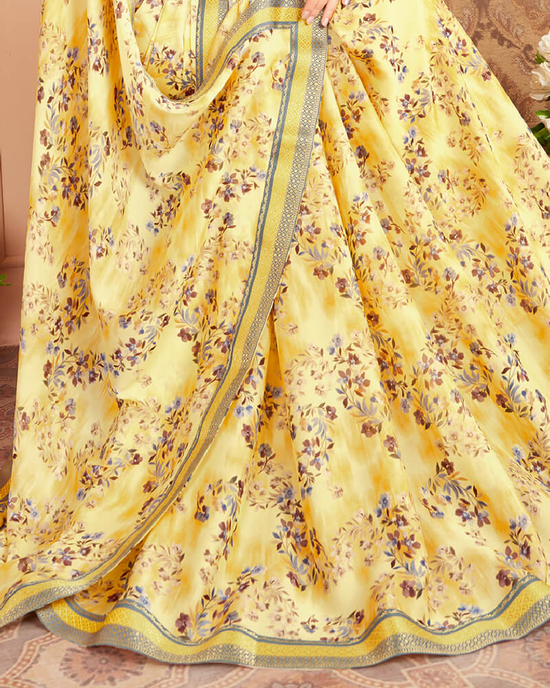 Vishal Prints Light Yellow Printed Crepe Saree With Jari Border