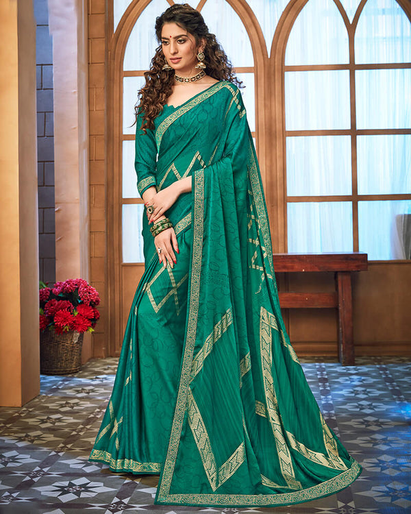 Vishal Prints Rama Green Chiffon Saree With Foil Print And Jari Border