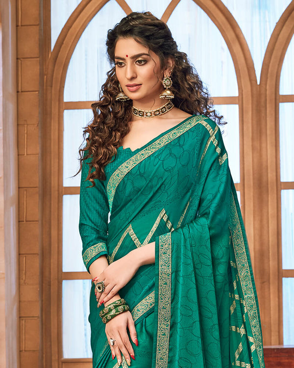 Vishal Prints Rama Green Chiffon Saree With Foil Print And Jari Border