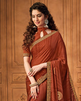 Vishal Prints Rust Chiffon Saree With Foil Print And Jari Border