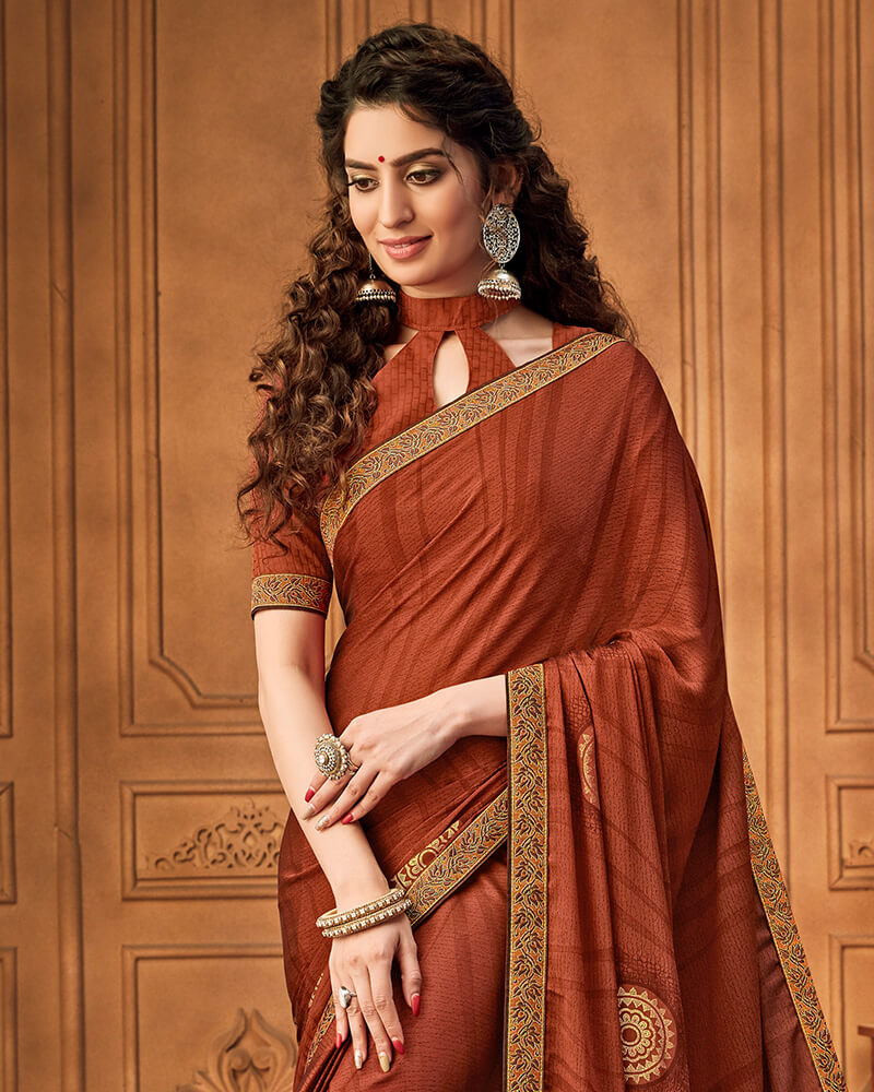Vishal Prints Rust Chiffon Saree With Foil Print And Jari Border