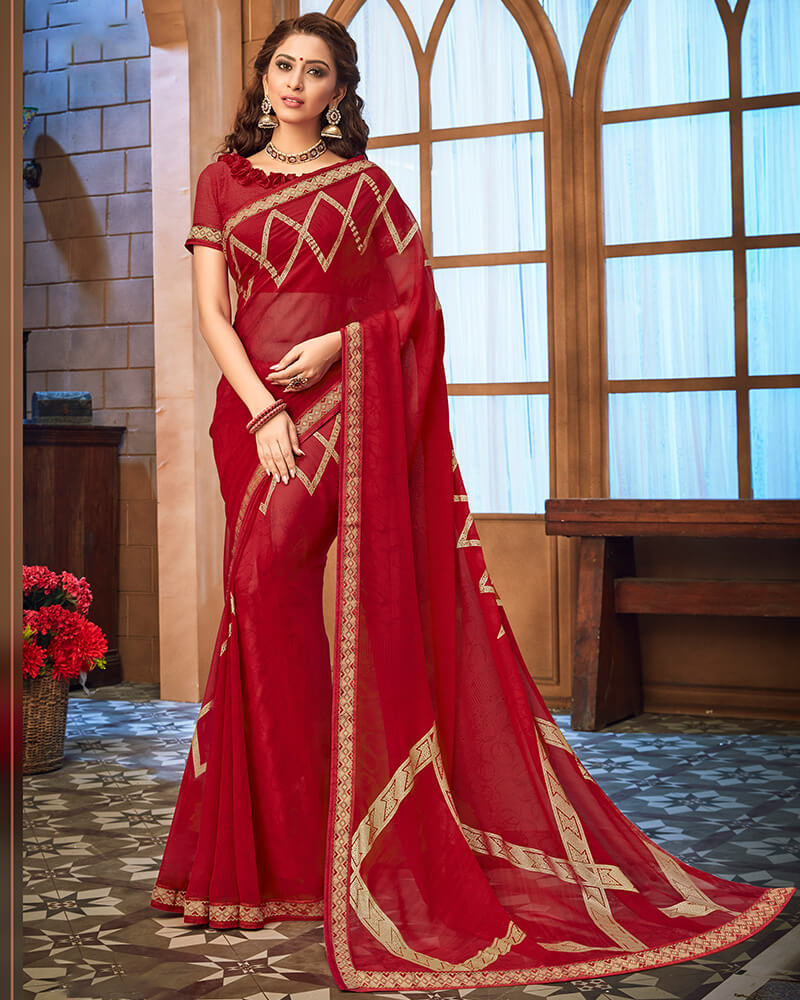 Vishal Prints Maroon Georgette Saree With Foil Print And Jari Border
