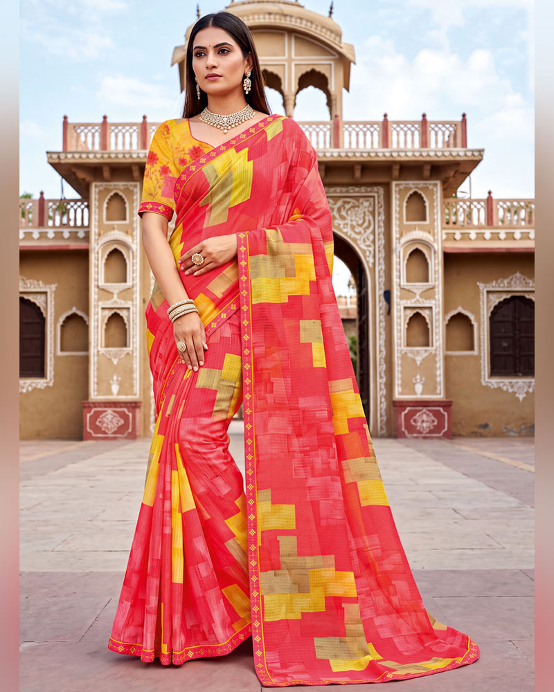 Vishal Prints Deep Carmine Pink Printed Chiffon Saree With Fancy Border
