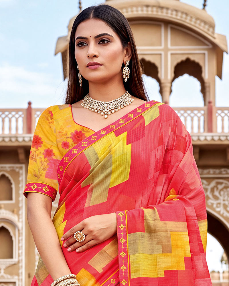 Vishal Prints Deep Carmine Pink Printed Chiffon Saree With Fancy Border