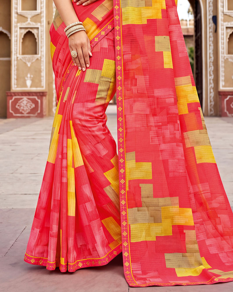 Vishal Prints Deep Carmine Pink Printed Chiffon Saree With Fancy Border
