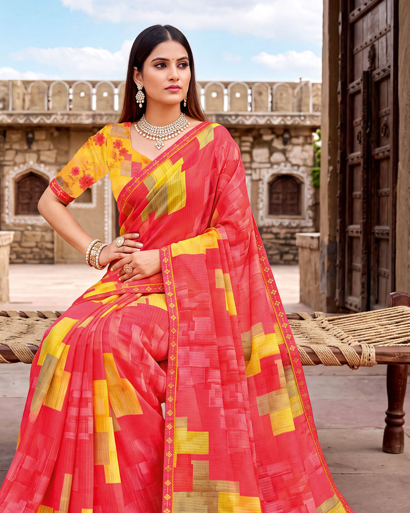 Vishal Prints Deep Carmine Pink Printed Chiffon Saree With Fancy Border