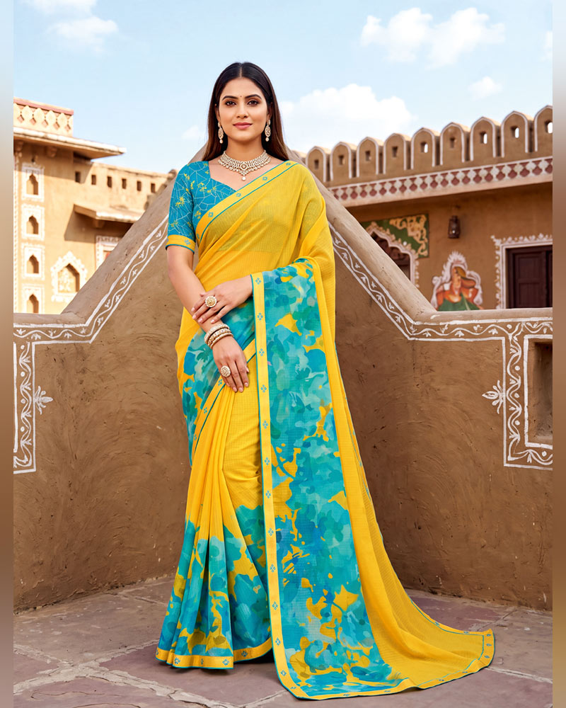 Vishal Prints Lightning Yellow Printed Chiffon Saree With Fancy Border
