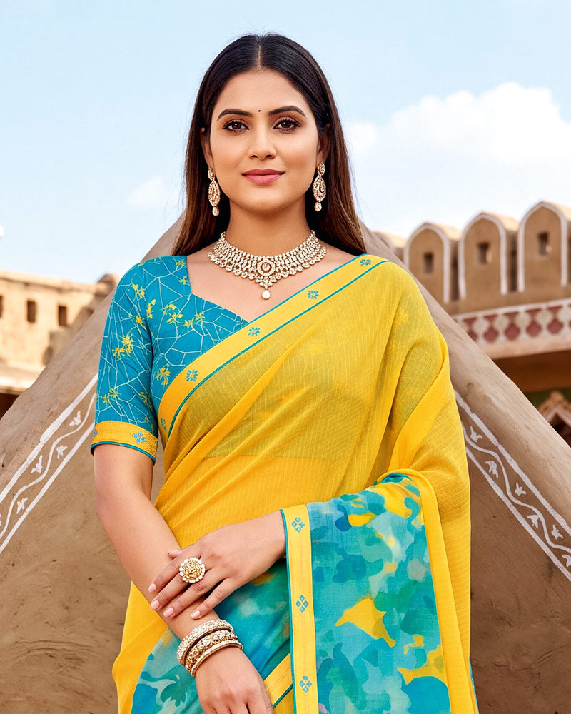 Vishal Prints Lightning Yellow Printed Chiffon Saree With Fancy Border