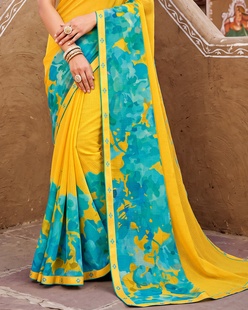 Vishal Prints Lightning Yellow Printed Chiffon Saree With Fancy Border