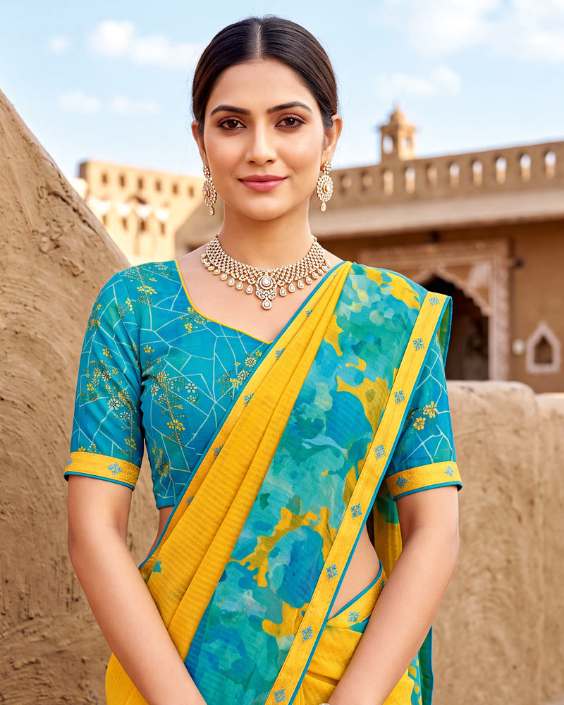 Vishal Prints Lightning Yellow Printed Chiffon Saree With Fancy Border