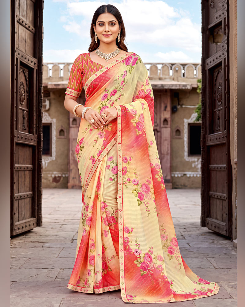Vishal Prints Light Carmine Pink And Pastel Yellow Printed Chiffon Saree With Fancy Border