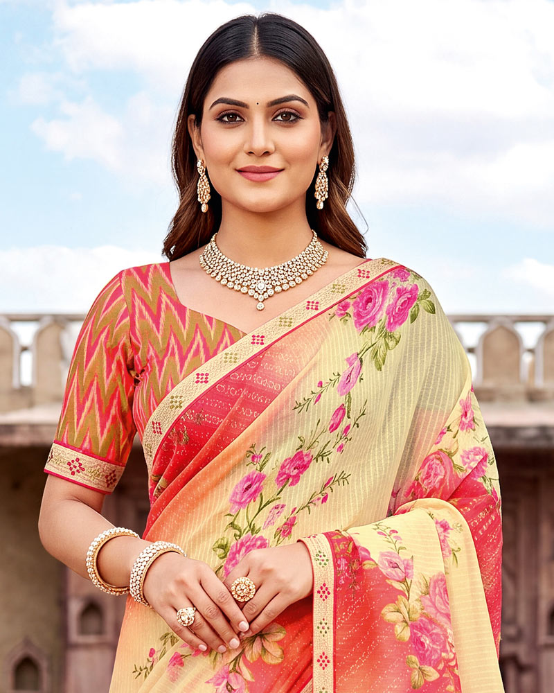 Vishal Prints Light Carmine Pink And Pastel Yellow Printed Chiffon Saree With Fancy Border