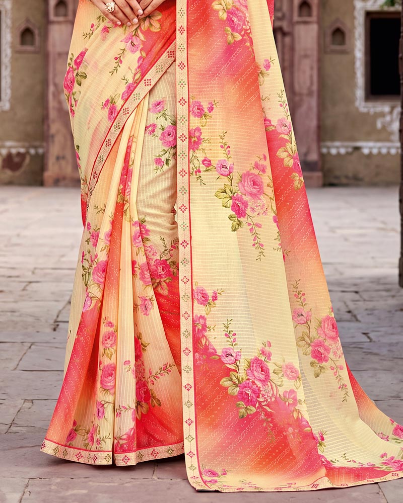 Vishal Prints Light Carmine Pink And Pastel Yellow Printed Chiffon Saree With Fancy Border