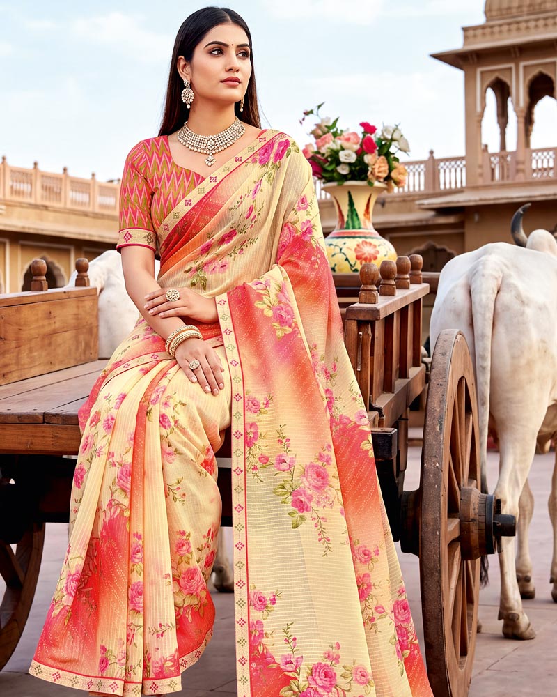 Vishal Prints Light Carmine Pink And Pastel Yellow Printed Chiffon Saree With Fancy Border