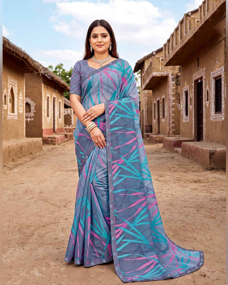 Vishal Prints Greyish Blue Printed Chiffon Saree With Fancy Border