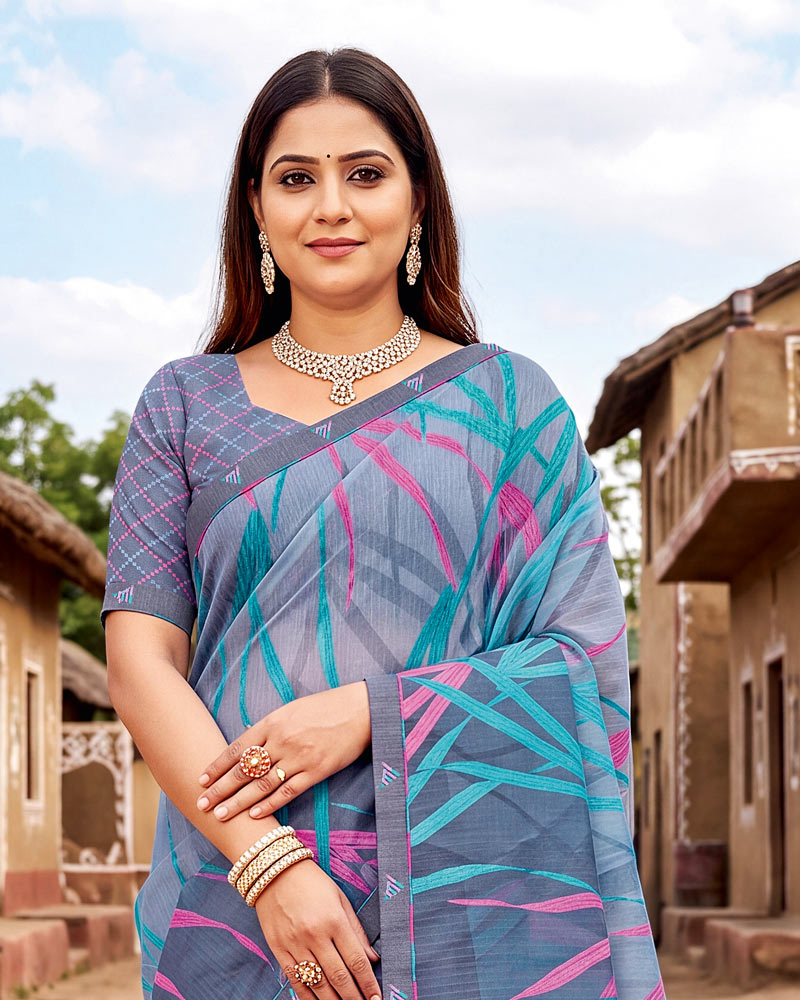 Vishal Prints Greyish Blue Printed Chiffon Saree With Fancy Border