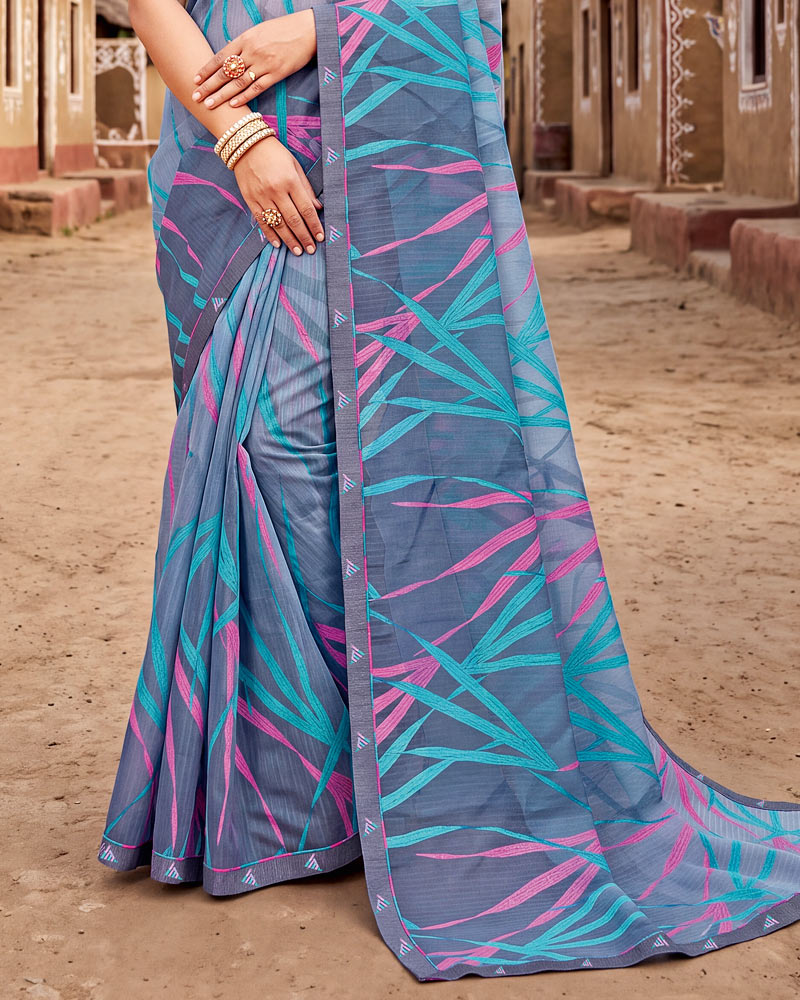 Vishal Prints Greyish Blue Printed Chiffon Saree With Fancy Border