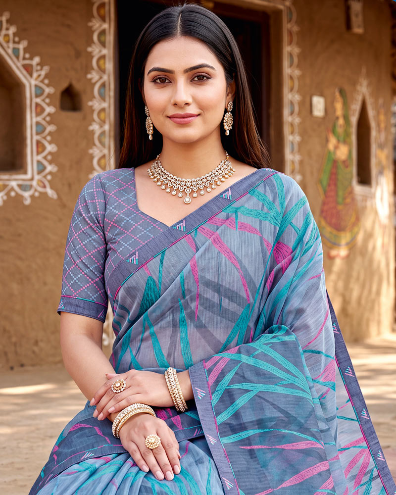 Vishal Prints Greyish Blue Printed Chiffon Saree With Fancy Border
