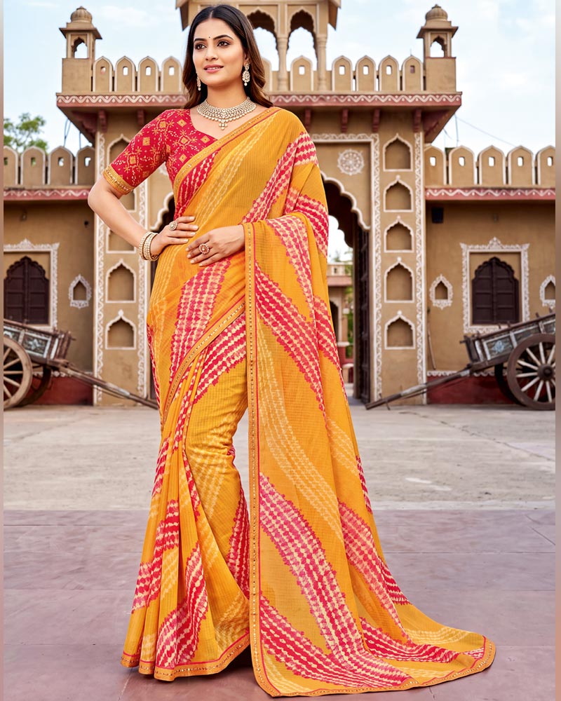 Vishal Prints Sunset Orange Printed Chiffon Saree With Fancy Border