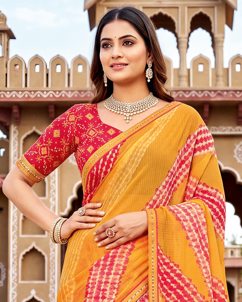 Vishal Prints Sunset Orange Printed Chiffon Saree With Fancy Border