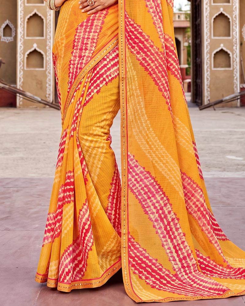 Vishal Prints Sunset Orange Printed Chiffon Saree With Fancy Border