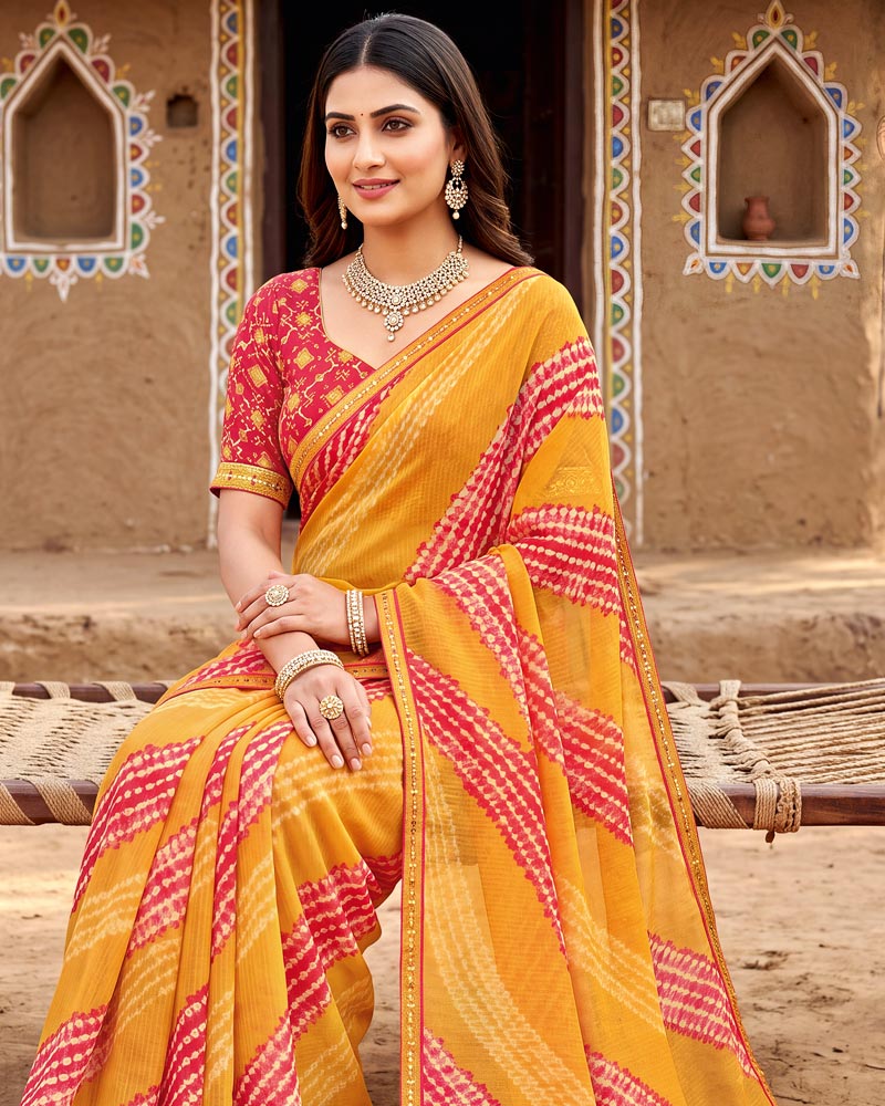 Vishal Prints Sunset Orange Printed Chiffon Saree With Fancy Border