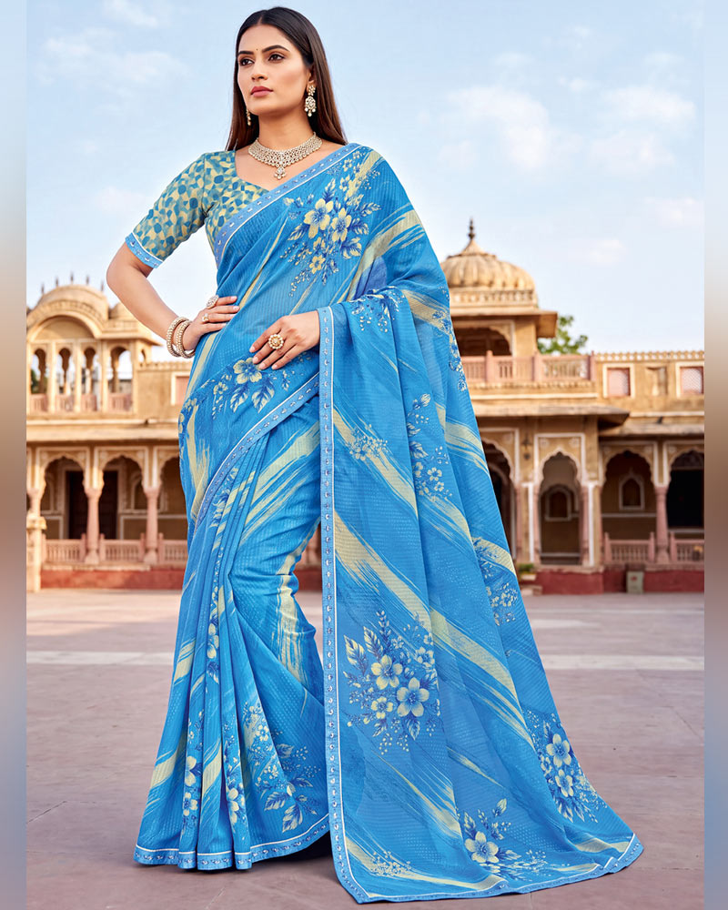 Vishal Prints Glacial Ice Blue Printed Chiffon Saree With Fancy Border