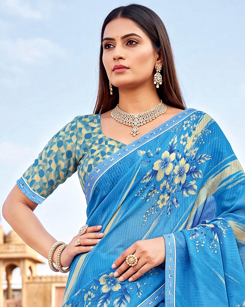 Vishal Prints Glacial Ice Blue Printed Chiffon Saree With Fancy Border