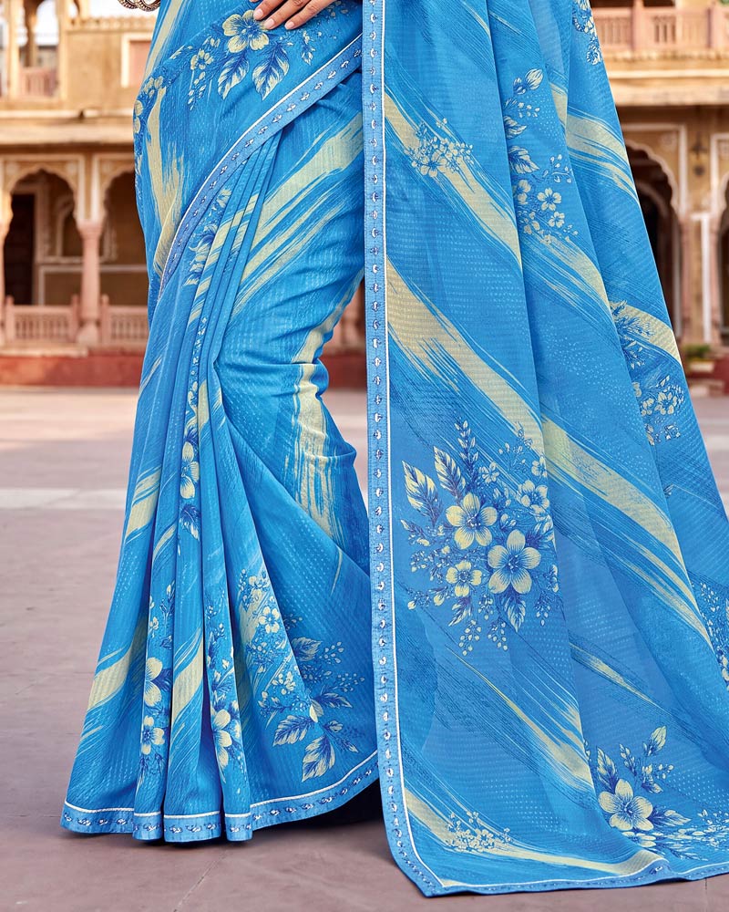 Vishal Prints Glacial Ice Blue Printed Chiffon Saree With Fancy Border