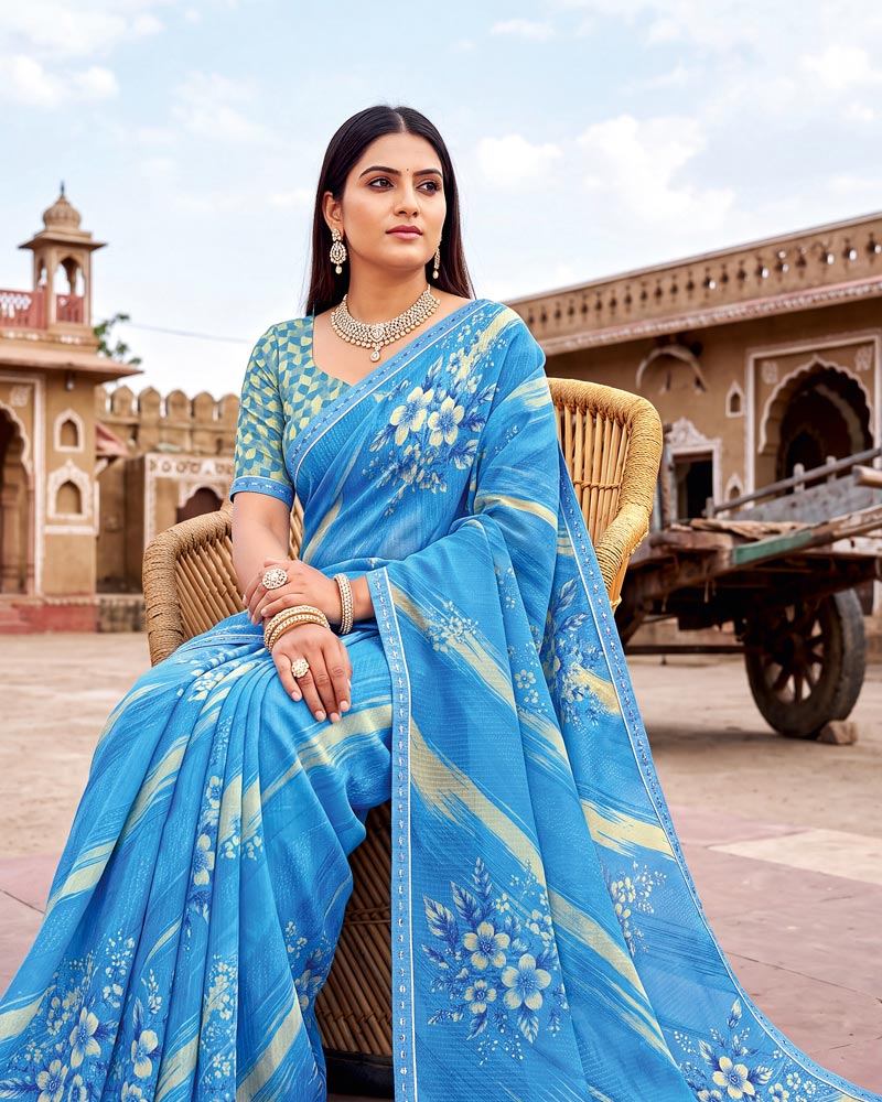 Vishal Prints Glacial Ice Blue Printed Chiffon Saree With Fancy Border