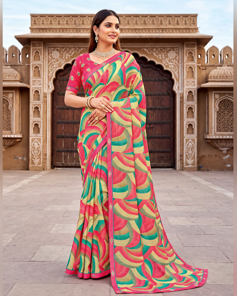 Vishal Prints Multicolor Printed Chiffon Saree With Fancy Border