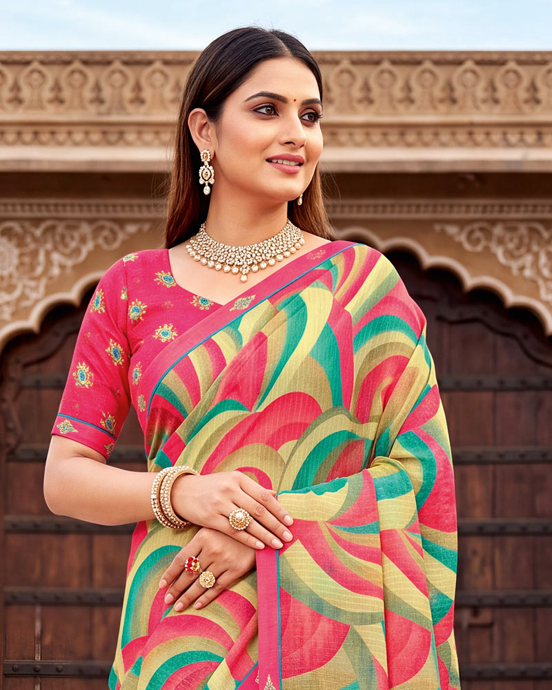 Vishal Prints Multicolor Printed Chiffon Saree With Fancy Border