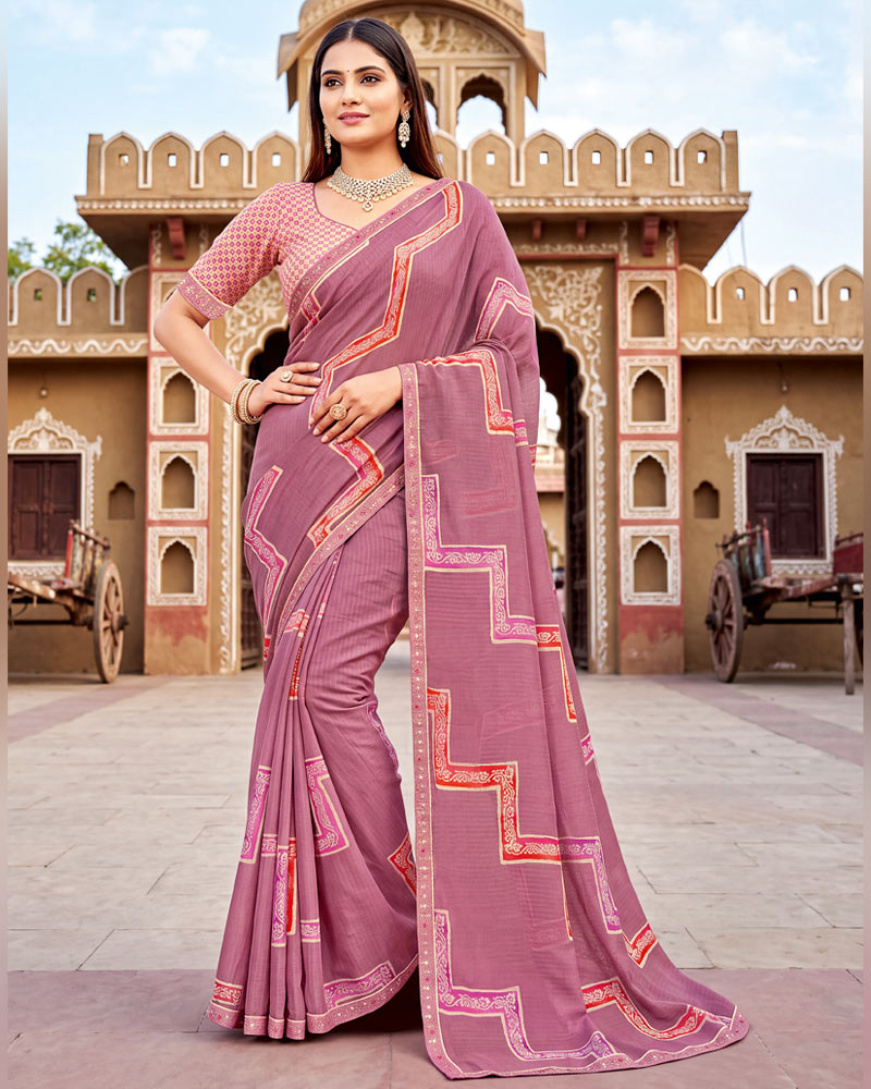 Vishal Prints Dusty Pink Printed Chiffon Saree With Fancy Border