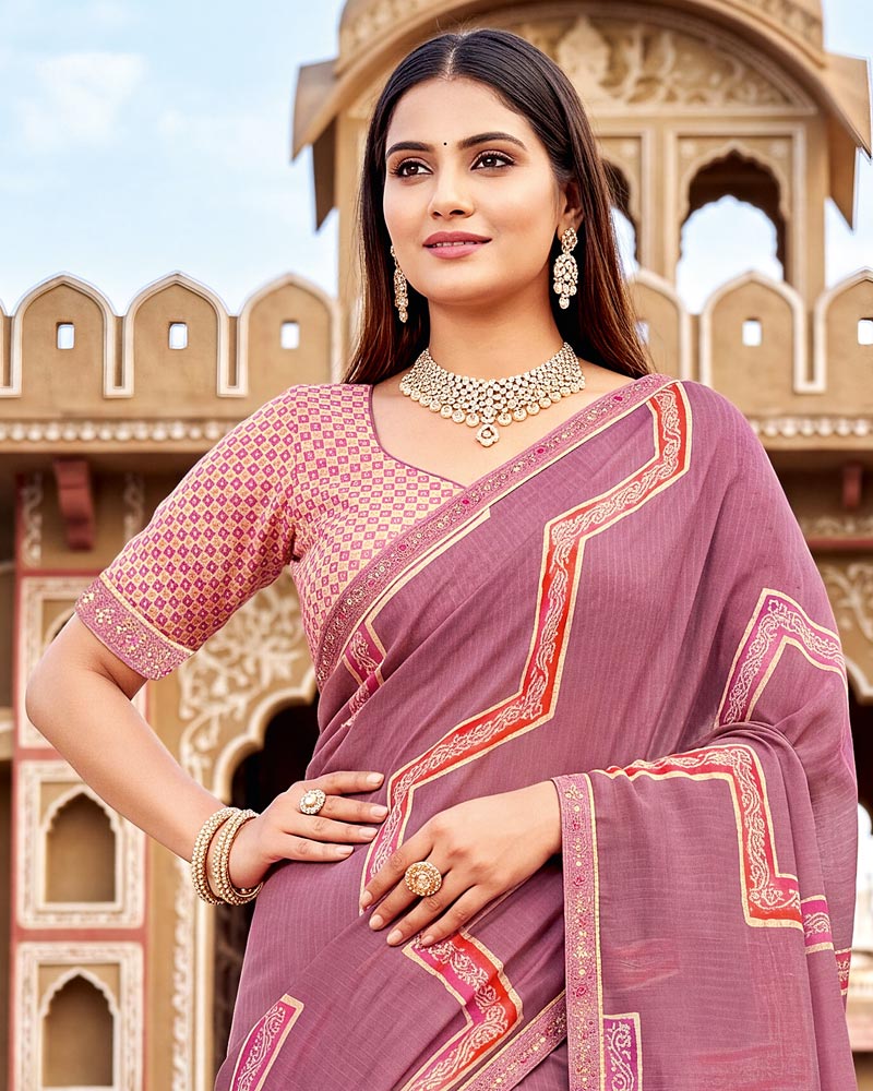 Vishal Prints Dusty Pink Printed Chiffon Saree With Fancy Border
