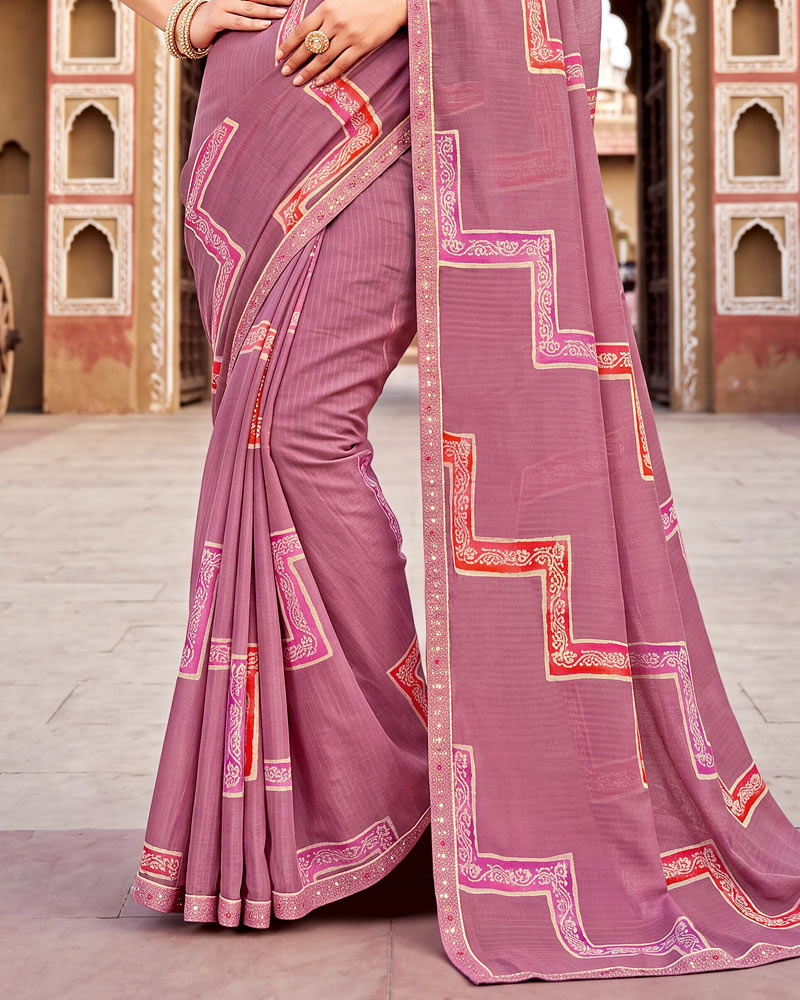 Vishal Prints Dusty Pink Printed Chiffon Saree With Fancy Border