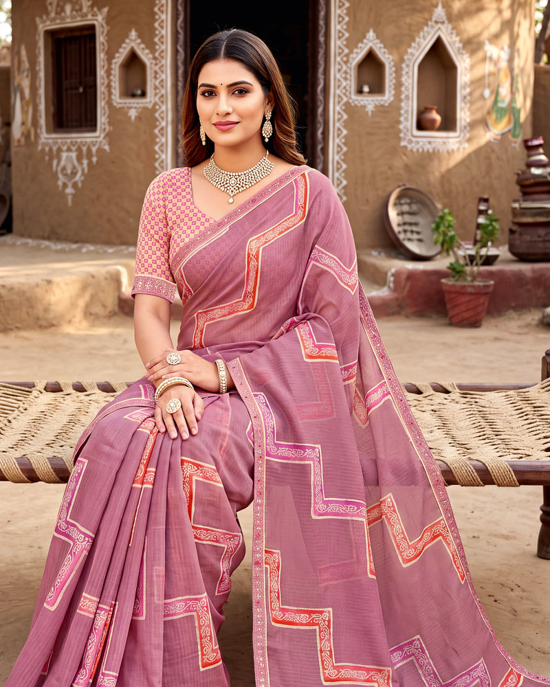 Vishal Prints Dusty Pink Printed Chiffon Saree With Fancy Border