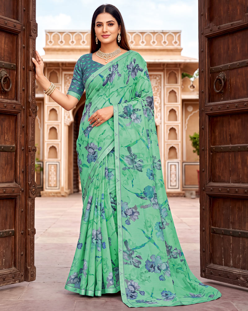 Vishal Prints Neptune Green Printed Chiffon Saree With Fancy Border