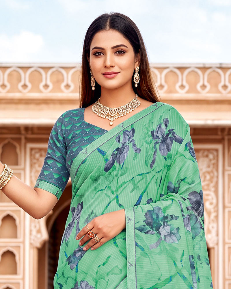 Vishal Prints Neptune Green Printed Chiffon Saree With Fancy Border