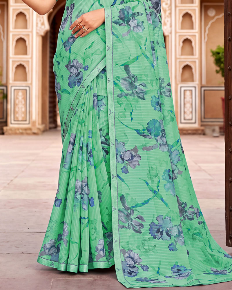 Vishal Prints Neptune Green Printed Chiffon Saree With Fancy Border