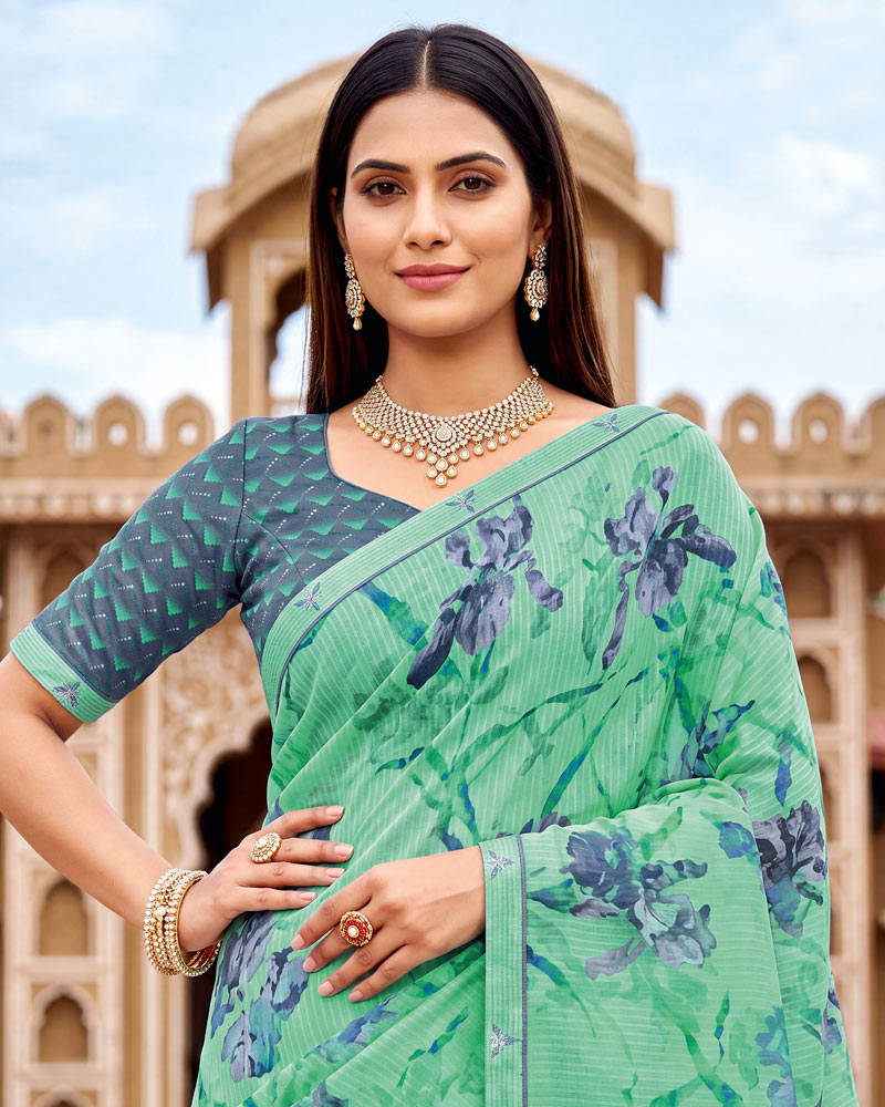 Vishal Prints Neptune Green Printed Chiffon Saree With Fancy Border
