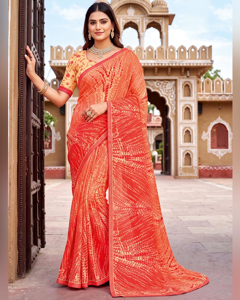 Vishal Prints Orangey Red Printed Chiffon Saree With Fancy Border
