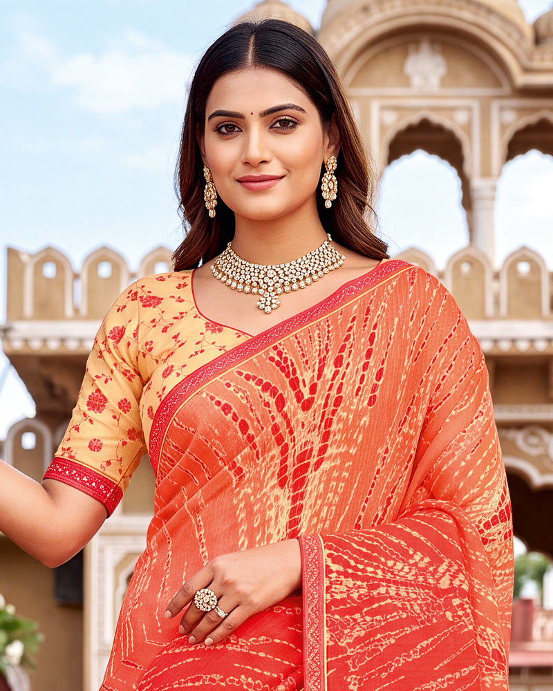 Vishal Prints Orangey Red Printed Chiffon Saree With Fancy Border