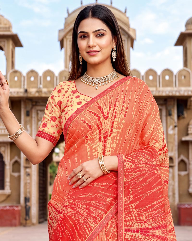 Vishal Prints Orangey Red Printed Chiffon Saree With Fancy Border
