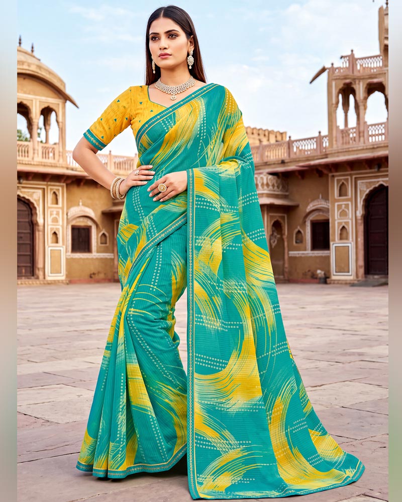 Vishal Prints Persian Green Printed Chiffon Saree With Fancy Border